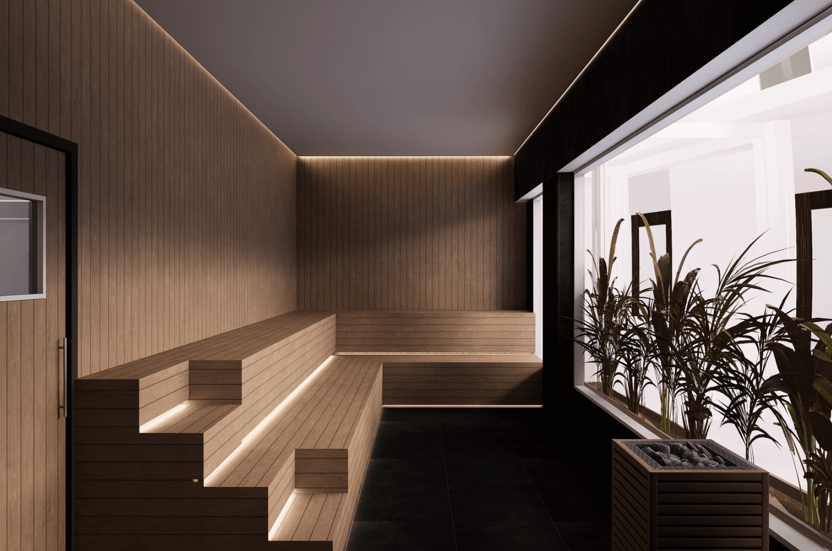 Icebatu sauna — pale timber benches, full-height glass, tropical plants